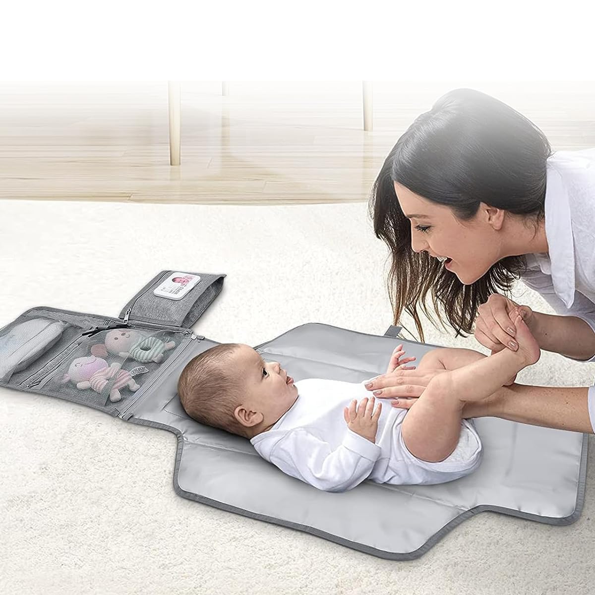 SNOWIE SOFT® Portable Diaper Changing Mats for Baby Waterproof 2 in 1 Diaper Changing Mat & Insulated Bag Essentials for Newborn Baby Diaper Bag with Detachable Shoulder Strap & Storage Pockets, Grey