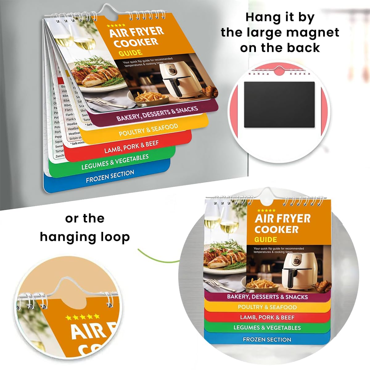 HASTHIP Magnetic Air Fryer Cooking Times Guide for Oven Use with 7x6 in Chart | Color-Coded Recipe Reference