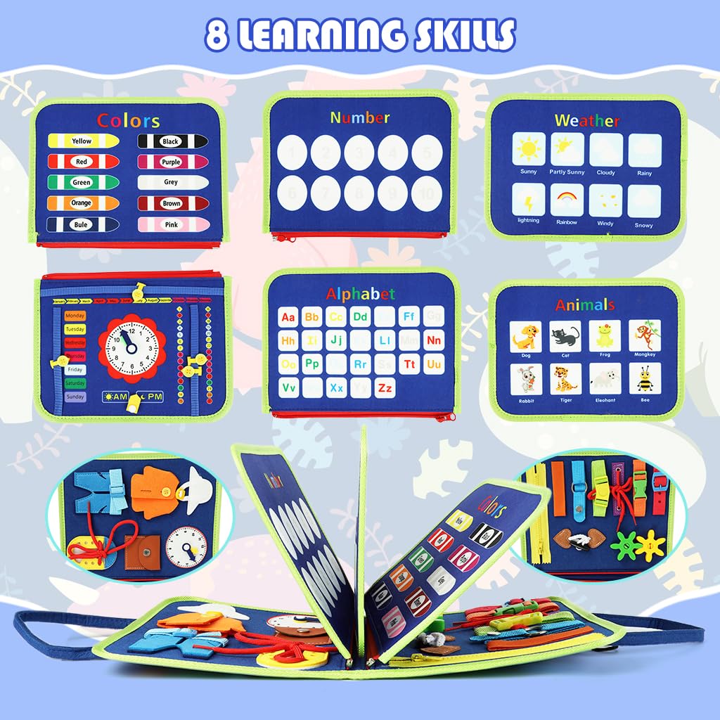 SNOWIE SOFT Dinosaur Busy Board for Toddlers 1-3 with Felt Pages and Handbag Design | Montessori Travel Toy for Quiet Learning