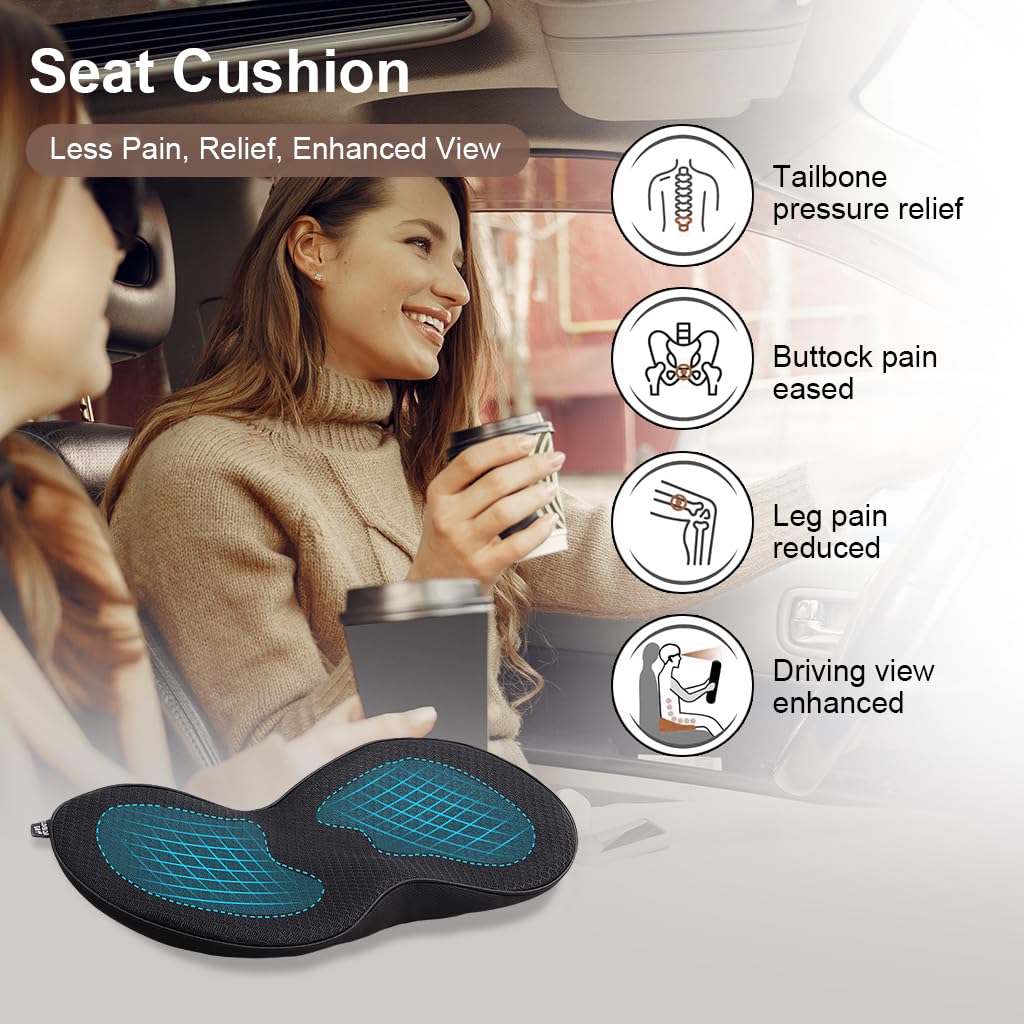 STHIRA Car Seat Cushion for Driving Comfort with Ergonomic Memory Foam and Lumbar Support Pillow | Breathable Black Cover