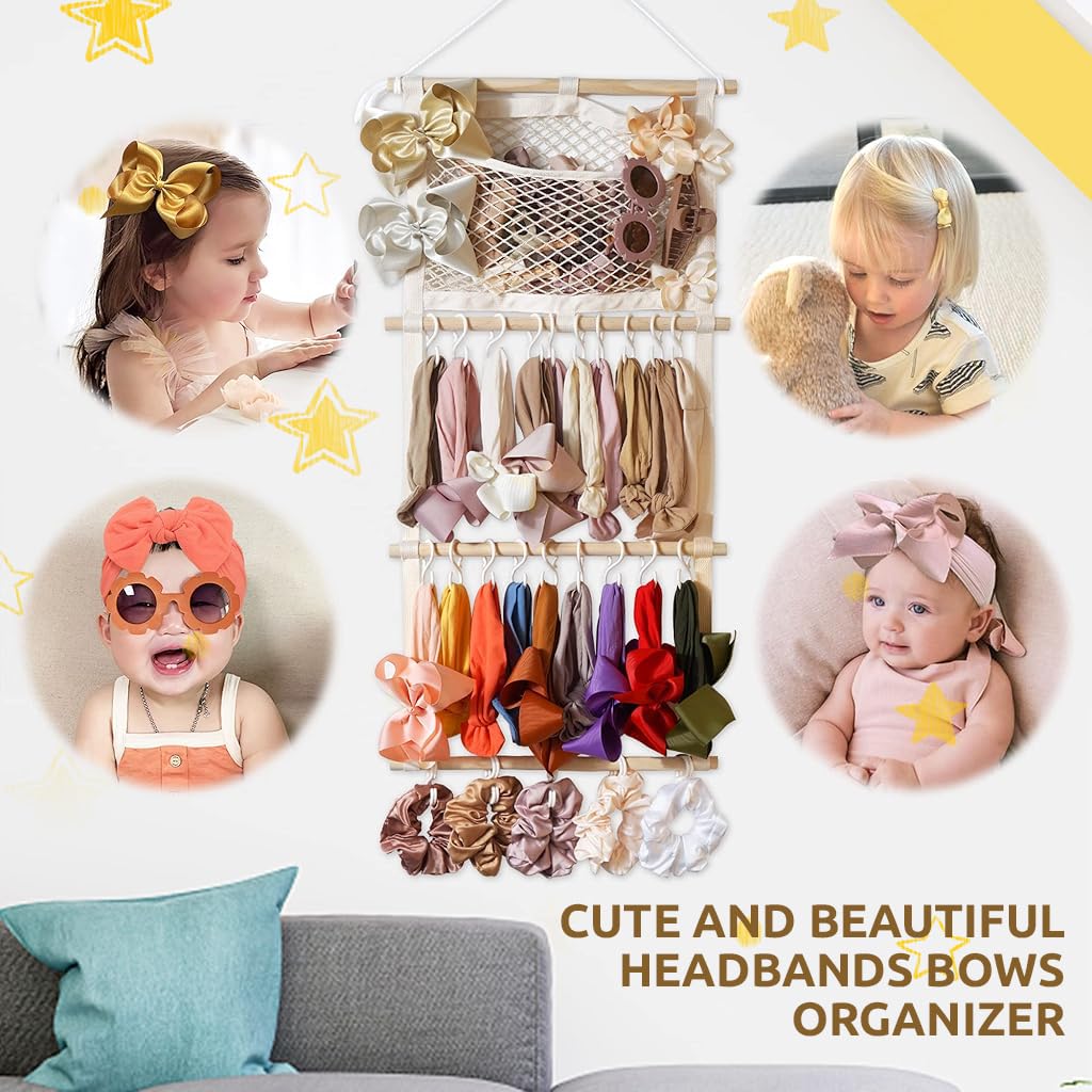 SNOWIE SOFT Wall Hanging Hair Accessories Organizer with 30 Hooks and Wooden Frame | Space-Saving Storage for Clips Headbands and Scarves
