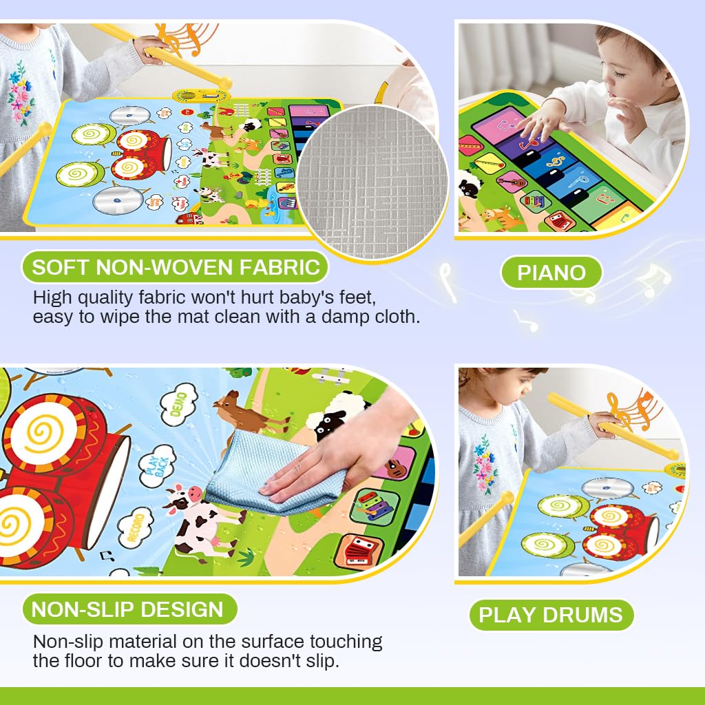PATPAT 2 in 1 Drum & Piano Keyboard Musical Mat with Touch Sensitive Design 90×70CM for Toddlers | Ecofriendly Foldable Baby Music Toy