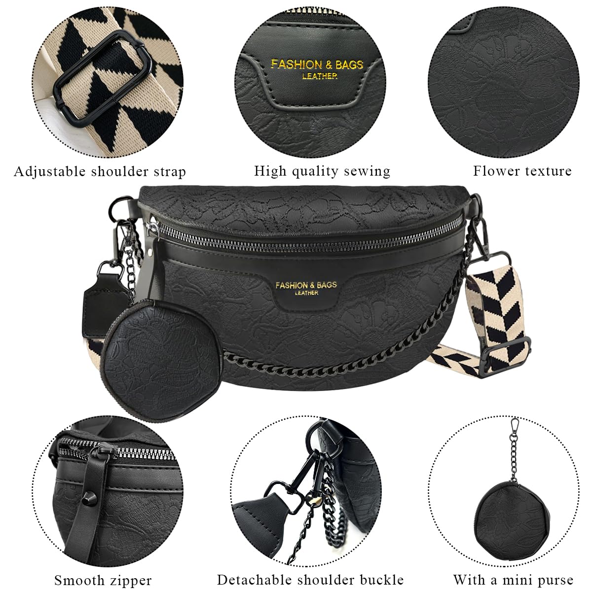 PALAY® Women Sling Bag Coin Bag Combo Fashion PU Shoulder Bag for Women Chain Bag Wide Shoulder Strap Crossbody Bag Phone Bag Casual Style Women Bag for Daily, Black