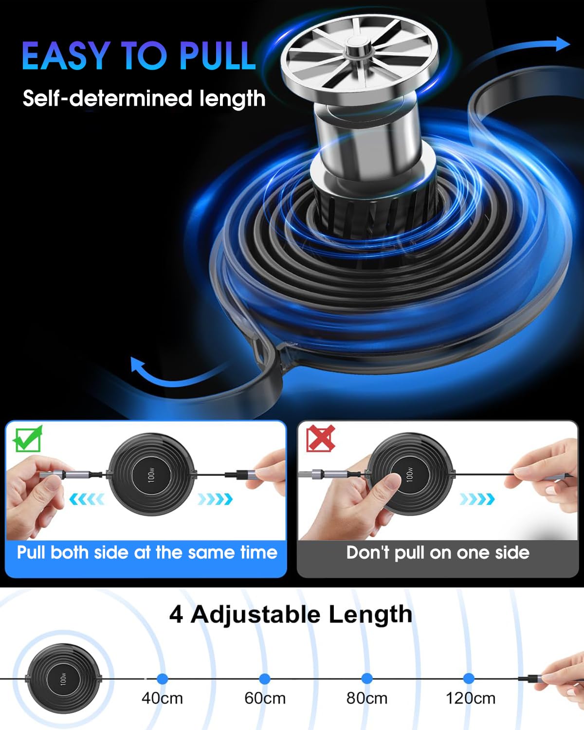 Verilux 6 in 1 USB C Charging Cable for Multiple Devices with 100W Power Delivery and Retractable Reel Design