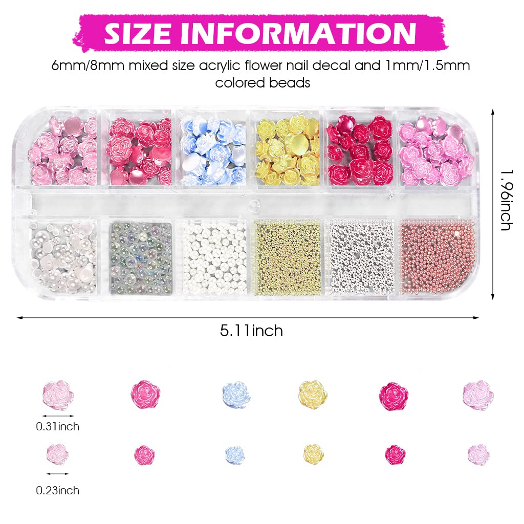 MAYCREATE 3D Flower Nail Art Stickers for DIY Nail Decoration with 12 Grid Resin Charms | 6 Colors