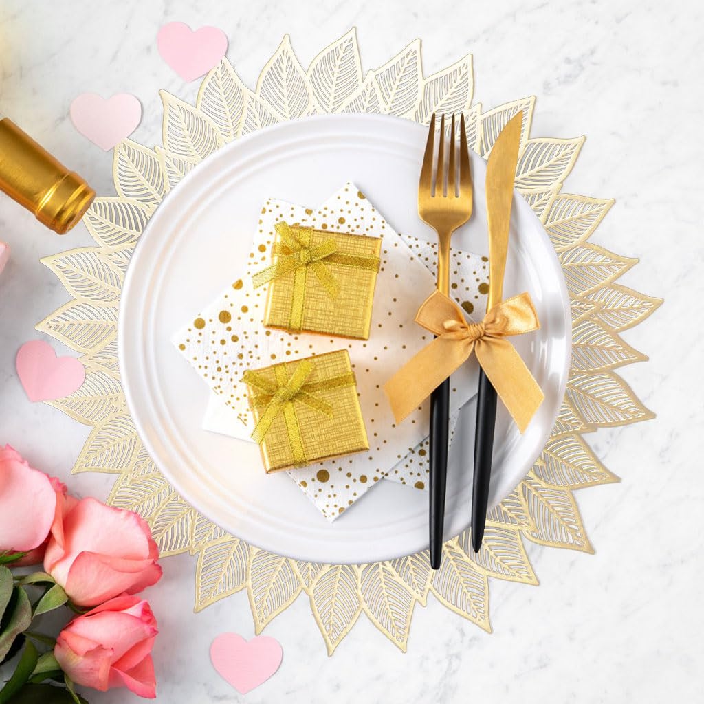 ZIBUYU Round Placemats Set for Dining Table with Floral Cut Out Design 15.75 in Gold | Washable PVC Table Mats