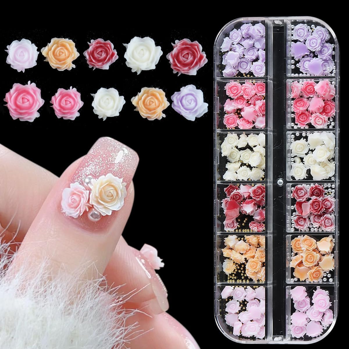 MAYCREATE® Nail Charms Kit 3D Flower Nail Decals with Golden Beads, 6 Colors Resin Flower Decals for Nails, Nail Art Charms for Women Girls Salon Accessories