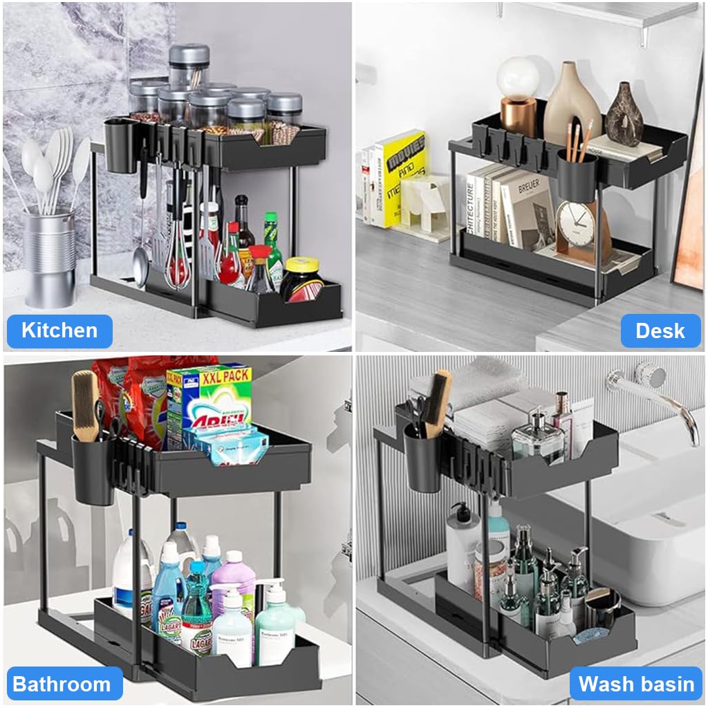 Supvox® Kitchen Organizer with Hanging Tableware Holder and Hooks Rack Seasoning Bottle Organizer Double Layer Organizer Sliding Bottom Drawer Design Desk Organizer for Kitchen, Bathroom, Office