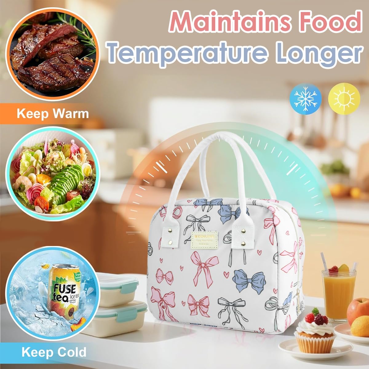 HASTHIP Insulated Lunch Tote Bag for Work and Picnic featuring Ribbon Bow Print 25x15.5x21cm