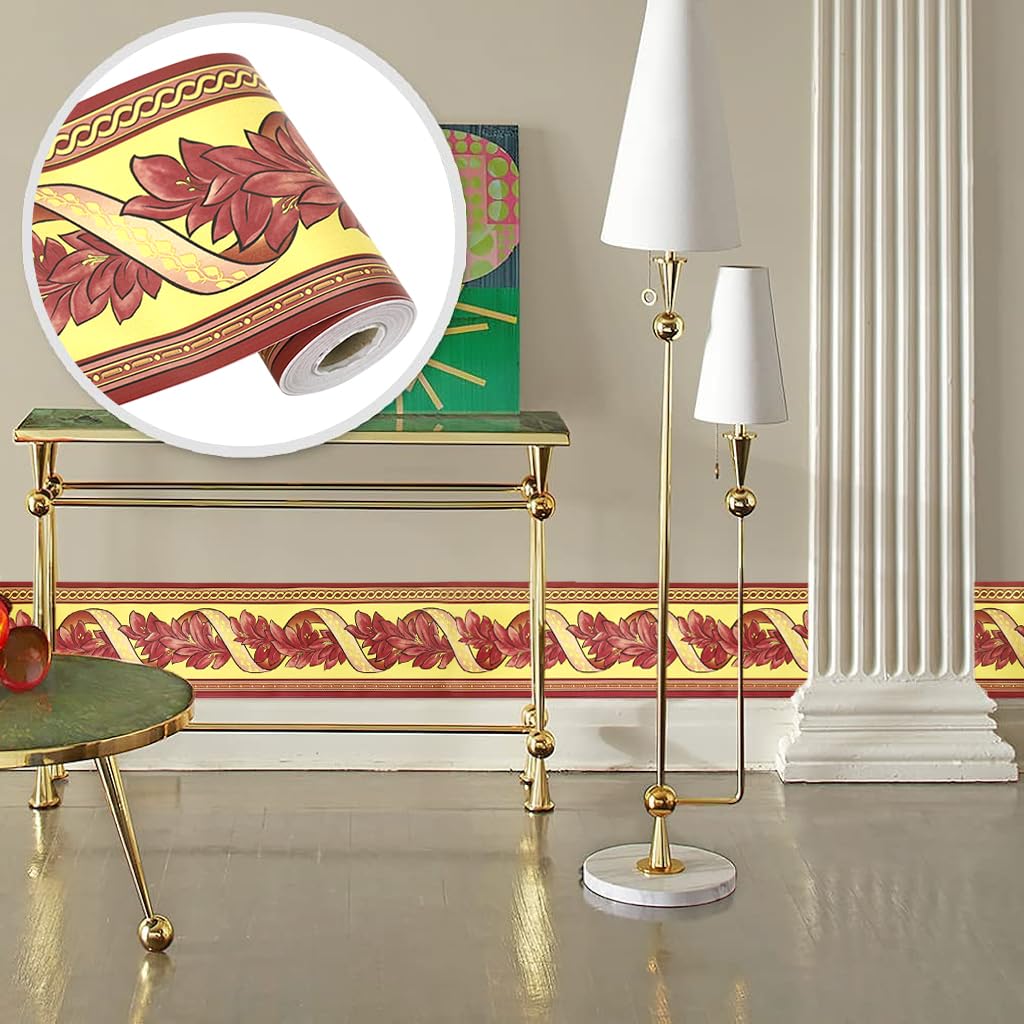 HASTHIP Waterproof Floral Wall Stickers for Kitchen and Bathroom 3.9 in × 29.5 ft PVC Border | Reddish Brown Self Adhesive Trim