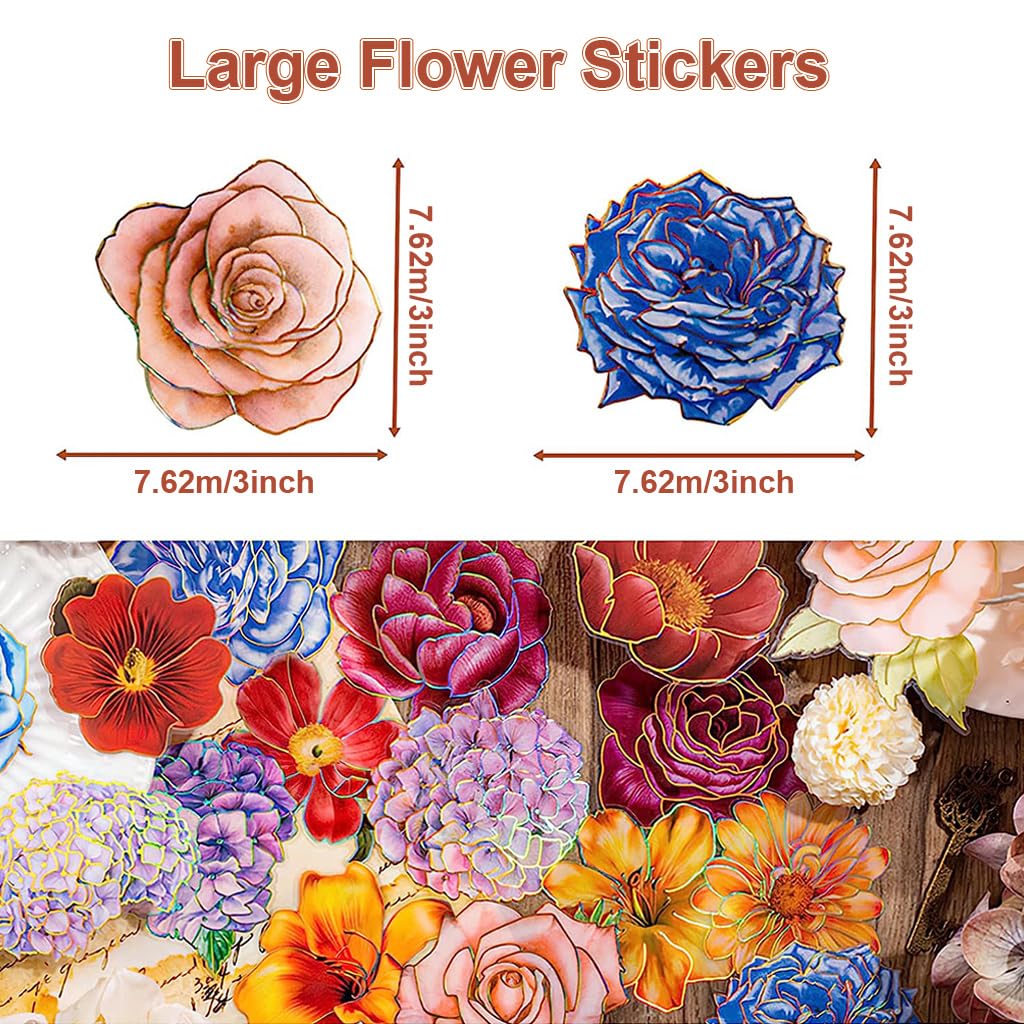 HASTHIP Flower Stickers for Scrapbooking with Gold Holographic Outlines 80 Pieces PET Set