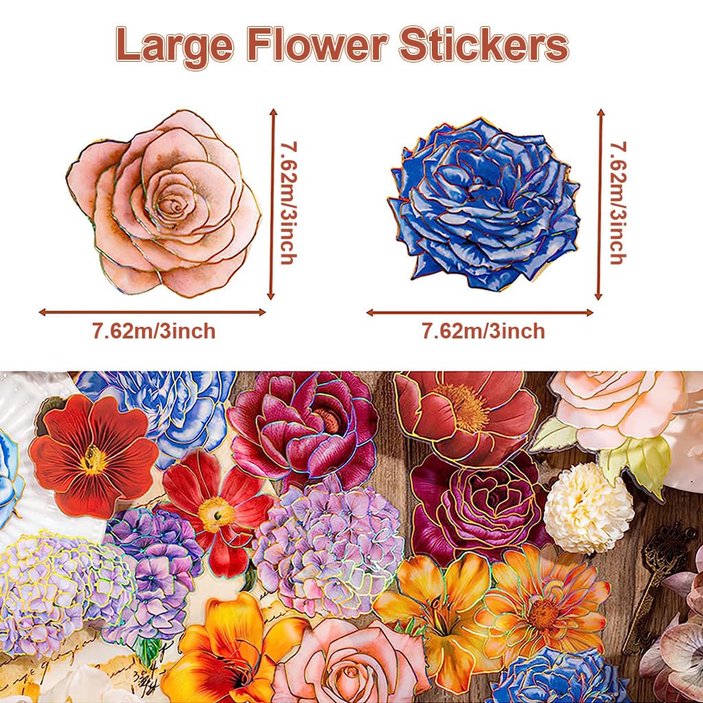 HASTHIP® 80 Pieces Large Size Flower Stickers with Gold Holographic Outlines and Vibrant Colors, 8 Styles of Shiny Floral Waterproof Decorative Decals for Scrapbooking Supplies Journals Paper Crafts