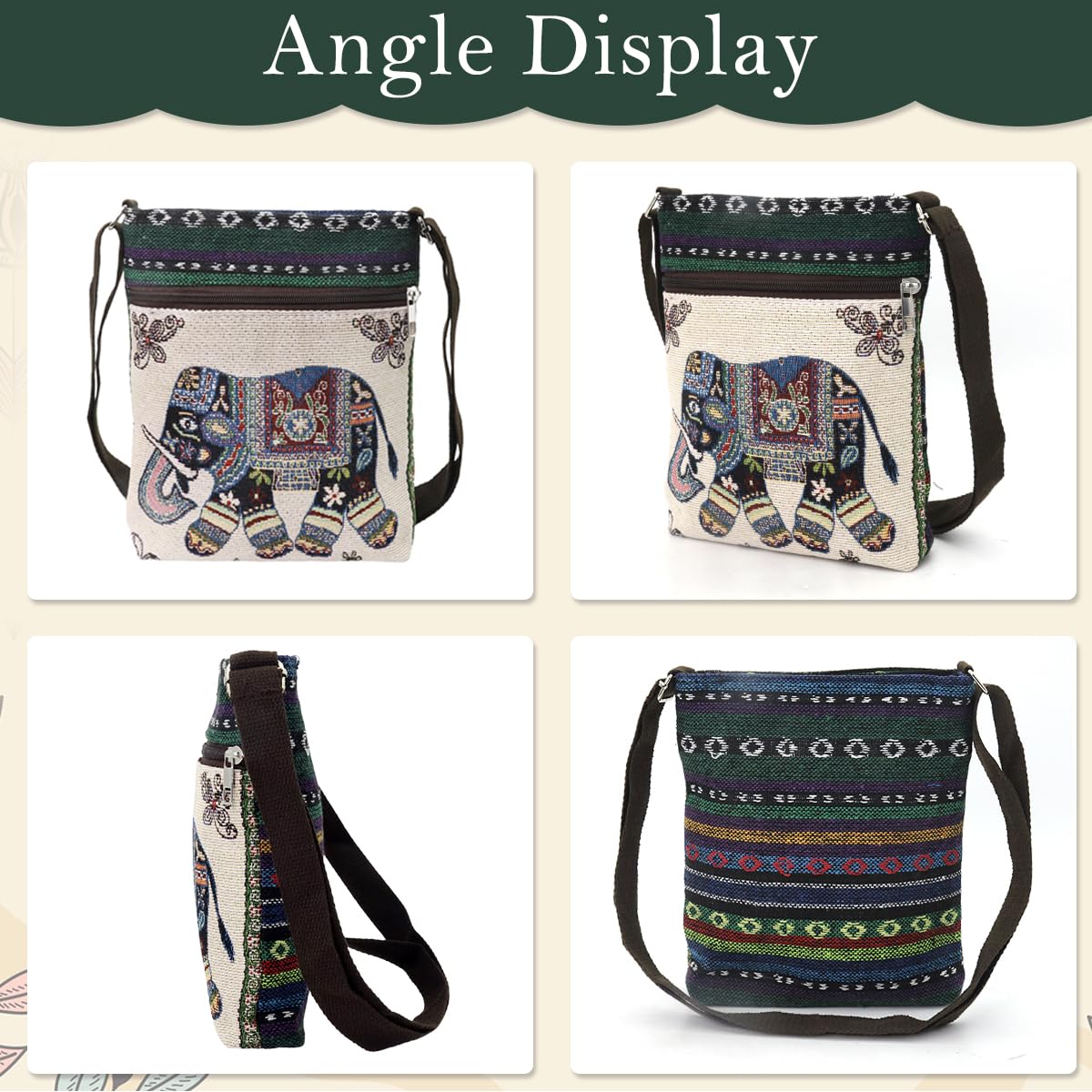 PALAY Women Sling Bag for Travel with Elephant Embroidery and Two Zipper Pouches 23x23x5 cm