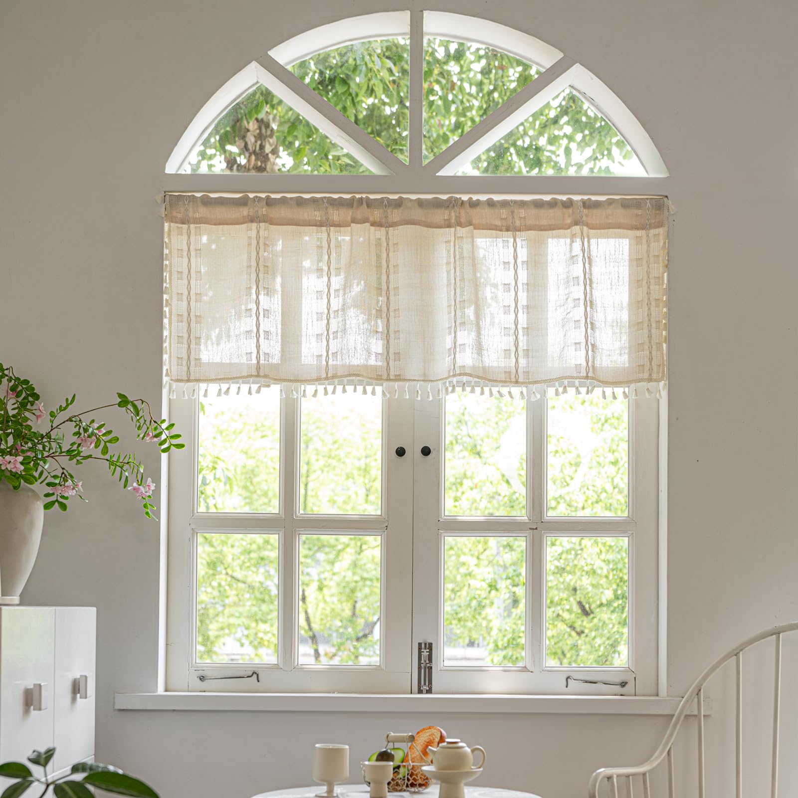 HASTHIP® Kitchen Short Curtain, Textured Striped Drape Semi Sheer Privacy Tier Embroidered Chic Window Treatment for Cafe Restaurant Closet, W52 x L18 inch