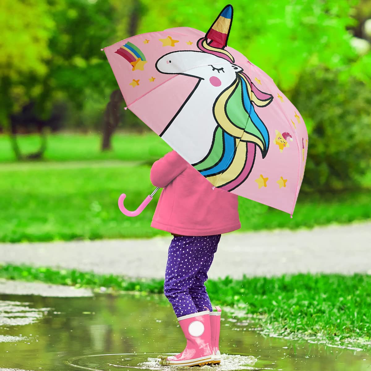 PALAY Kids Umbrella for Rain with 29 inch Canopy and Curved Handle | 3D Unicorn Design