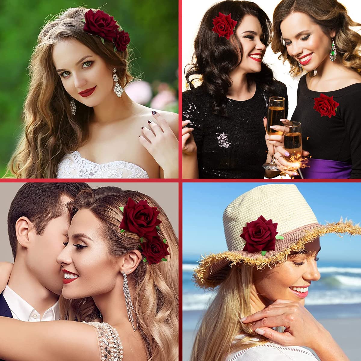 PALAY Rose Hair Clips Set for Wedding and Party Hairstyling with 4 Floral Pieces | Felt Fabric Accessories for Women and Girls