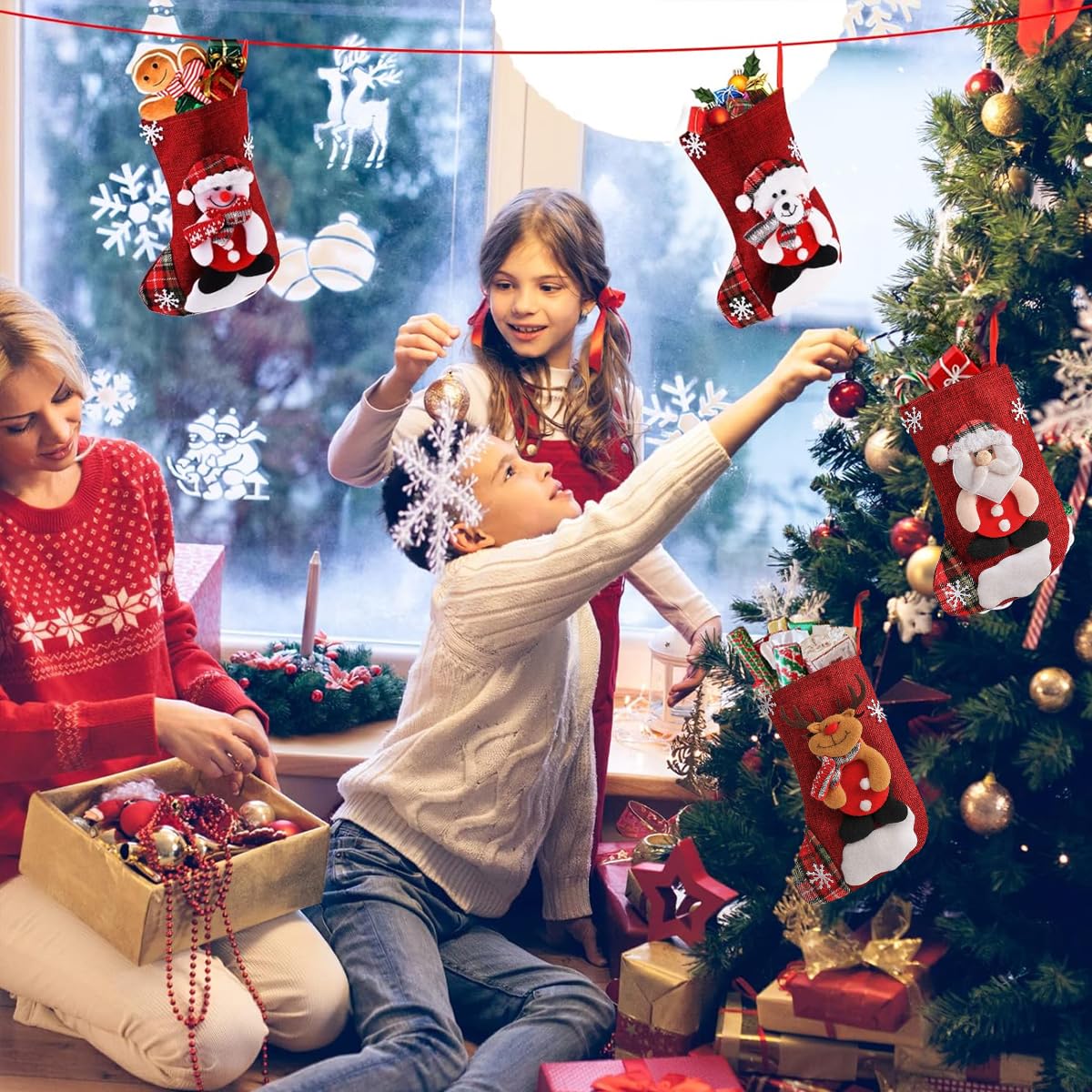 HASTHIP Christmas Stockings for Tree and Fireplace with 4 Designs and Sturdy Hanging Loops | 9×6.2 in Linen Socks