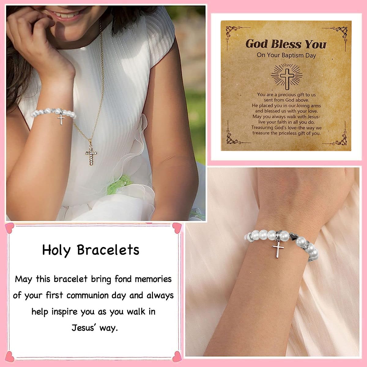 Venzina Pearl Bracelet for Girls featuring Cross Charm and Adjustable Fit | Christening Gift