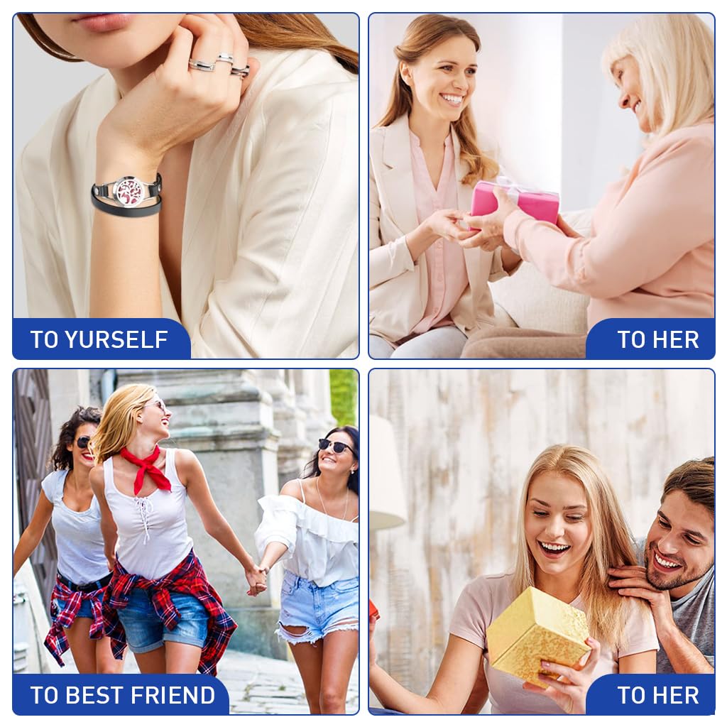 HANNEA Aromatherapy Essential Oil Diffuser Bracelet with Life Tree Locket | Adjustable PU Leather Gift for Women