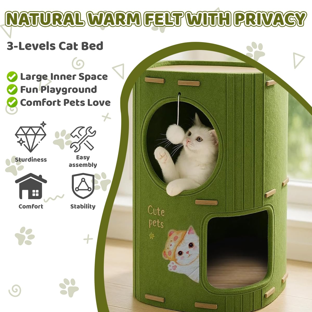 Qpets Cat Hideout for Indoor Cats with Dual Entrances and Hanging Toy | 2-Story Felt House