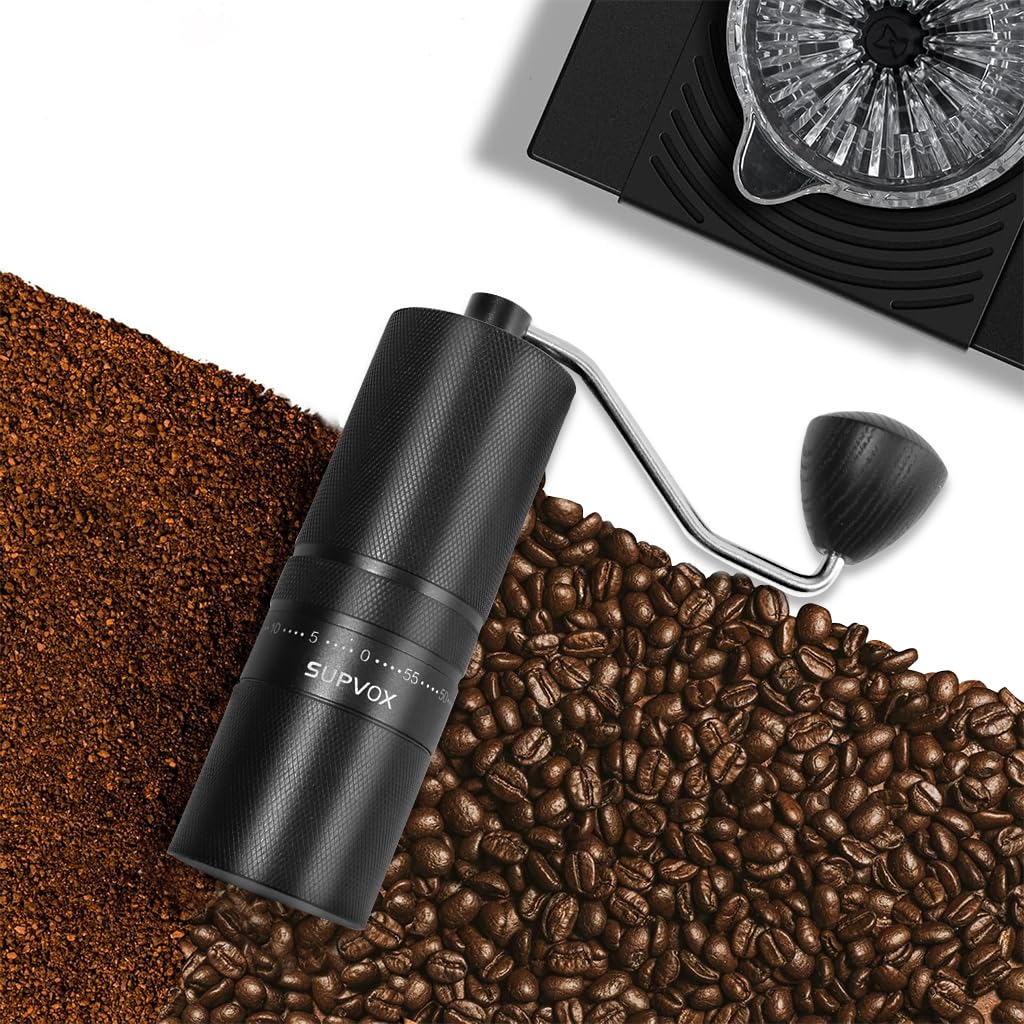 Supvox Hand Coffee Grinder for Travel with 25g Capacity CNC Steel Burr and Wooden Handle