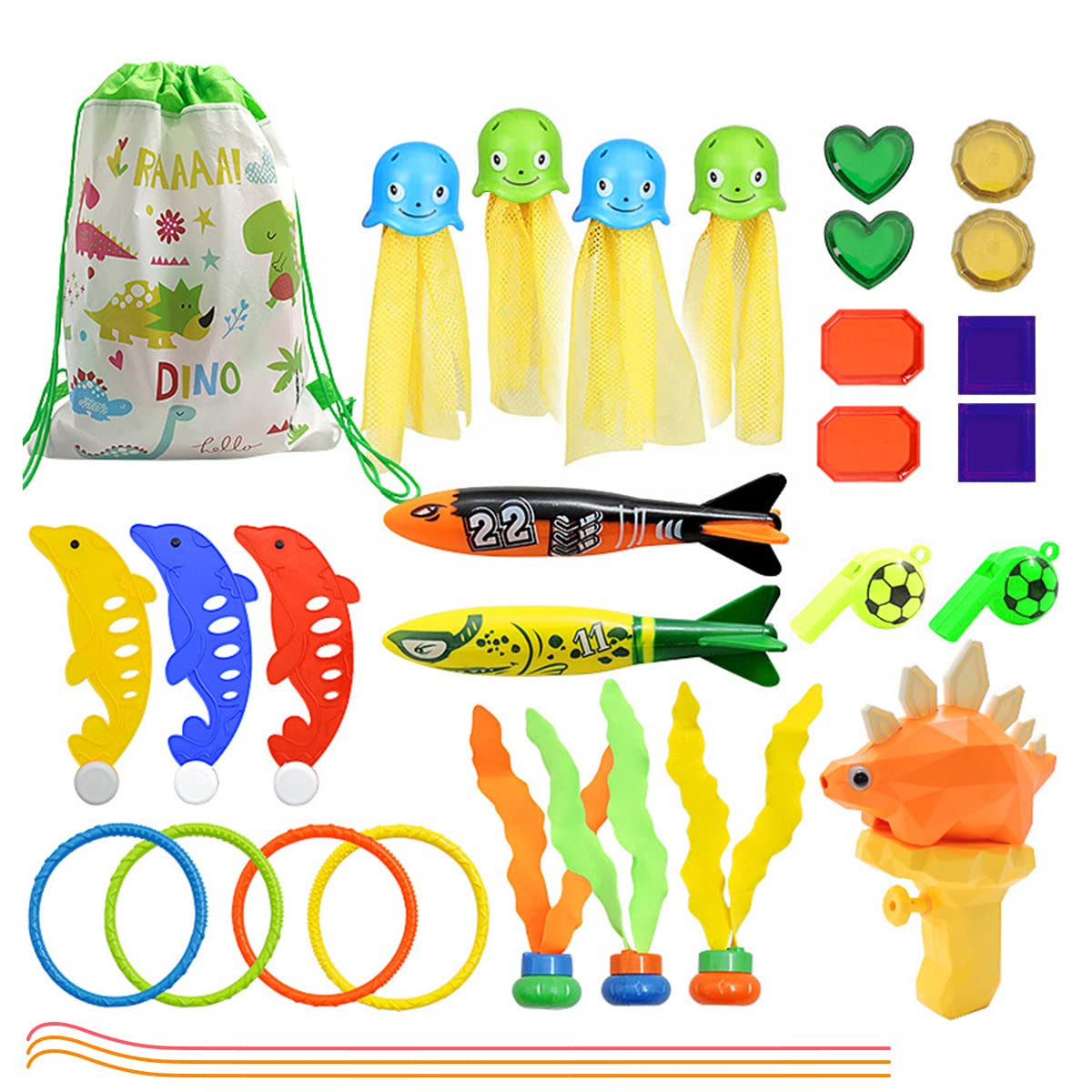 PATPAT® Pool Toys for Kids 27PCS Diving Toys Summer Swimming Pool Toys for Kids with Storage Bag Cartoon Water Toys for Kids Fun Pool Game Outdoor Toys for Beach Bath Summer Underwater Practice