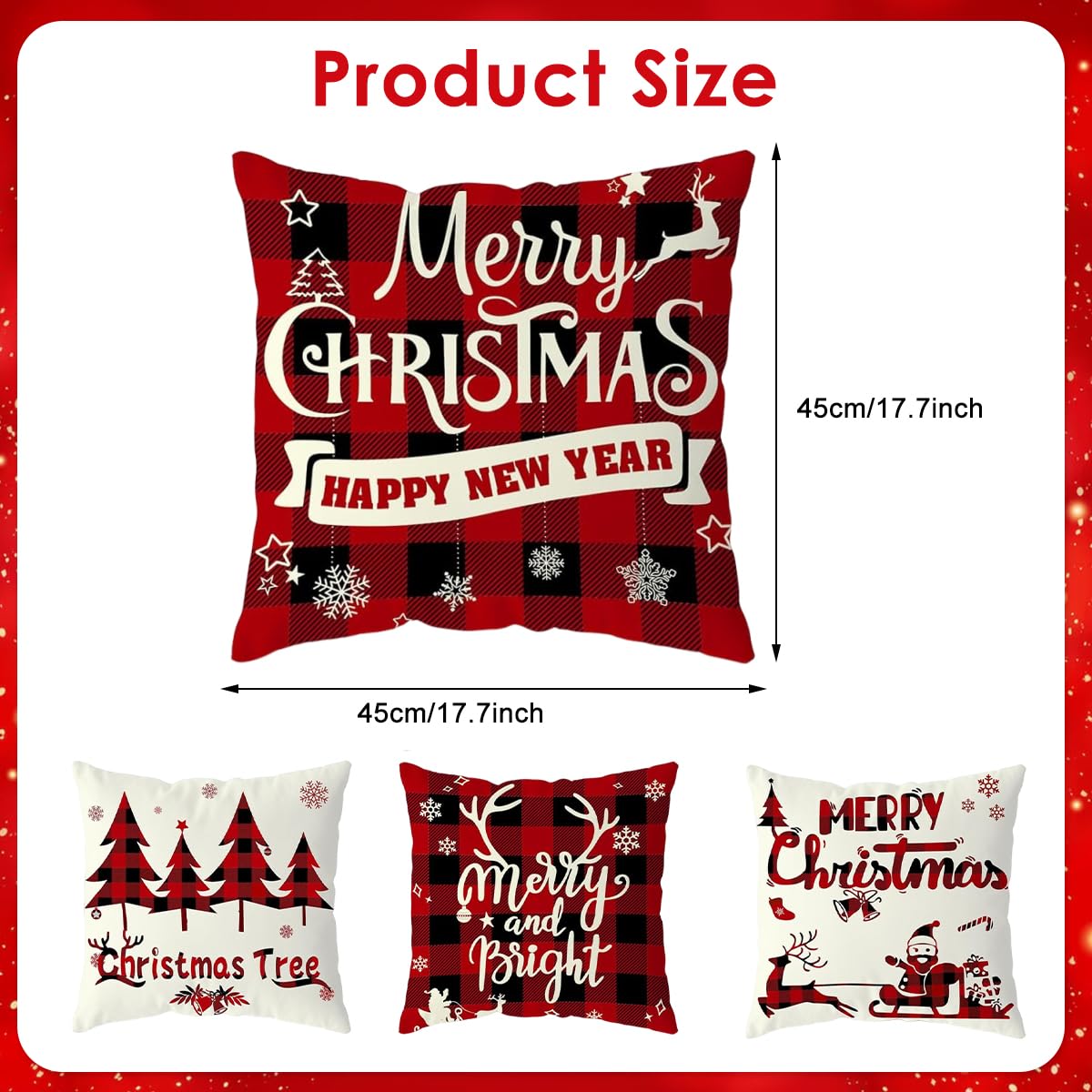 HASTHIP Christmas Cushion Covers for Sofa with Invisible Zipper 4Pcs 16x16in Cotton Linen | Red Black Plaid Holiday Pillowcases