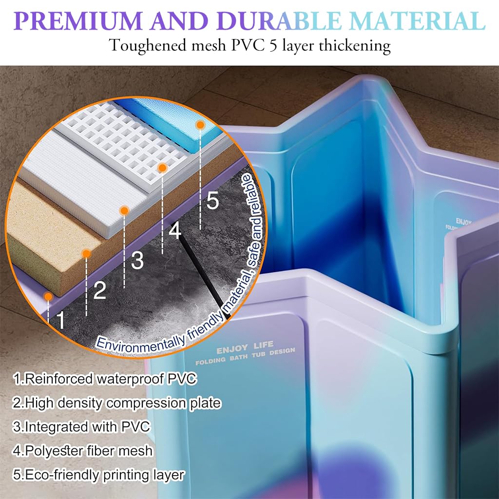 HANNEA Folding Bath Tub for Adults with Alloy Support Bars and 27.5 in PVC Design | Ice Bath and Warm Soak