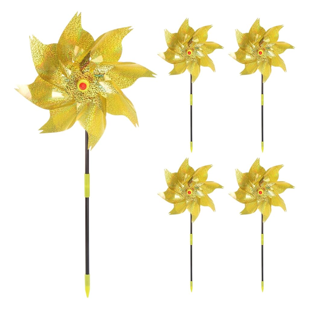 Optifit® 5Pcs Reflective Pinwheel Garden 21 inches Anti-slip Birds Pinwheels Decorative Glittering Golden Whirling Anti-bird Pinwheels for Garden, Flower Bed, Lawn