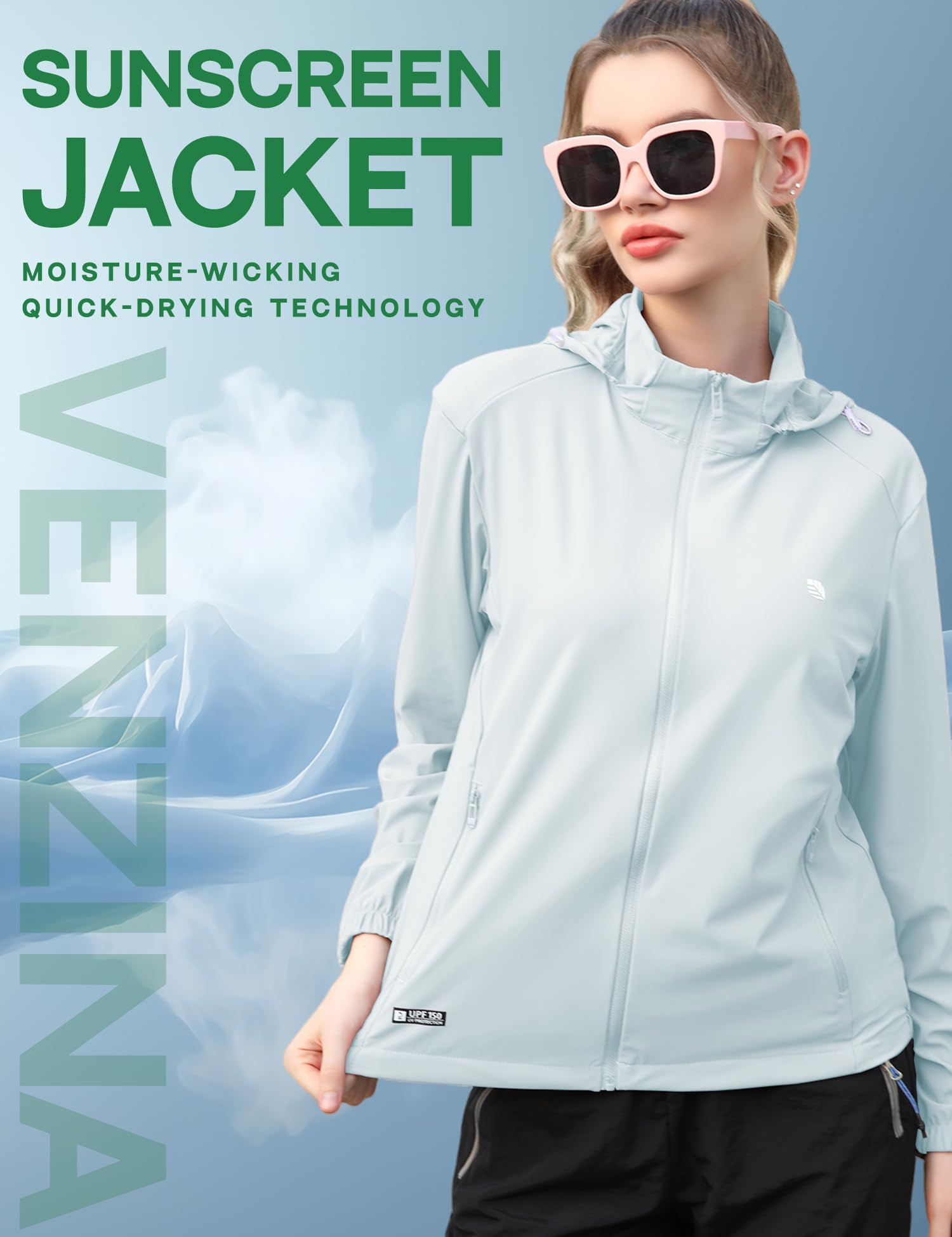 Venzina Sun Jacket for Women with UPF 150+ Protection featuring Removable Hat & Zip Pockets