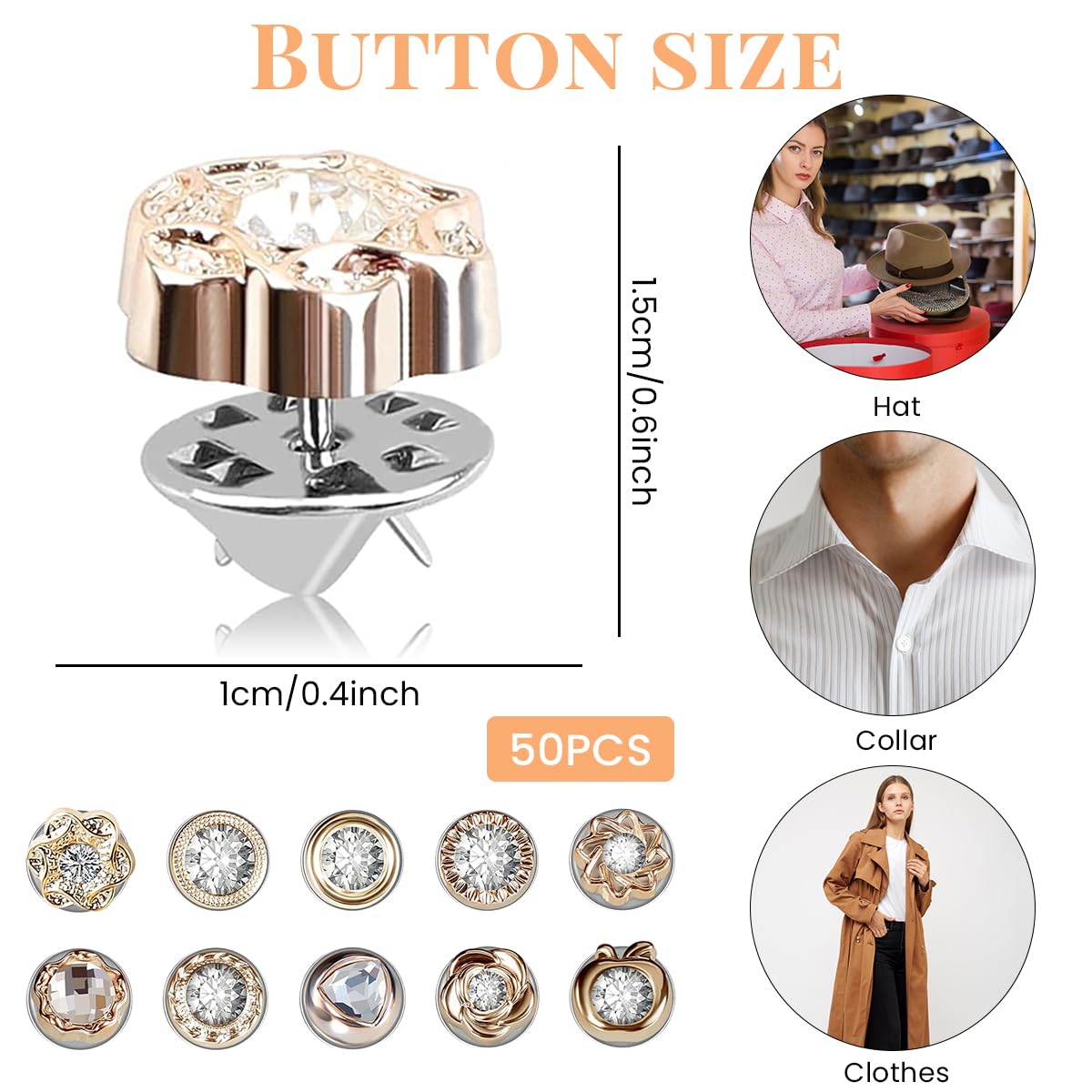 SANNIDHI Brooch Buttons for Clothes featuring 50 Pairs with Latch Pin Design and Rhinestone Alloy | No Sew Detachable Shirt Accessories