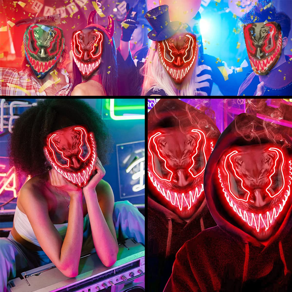 PATPAT LED Light Up Mask for Halloween Parties with 3 Modes and 19×22cm Fit | Red Glow
