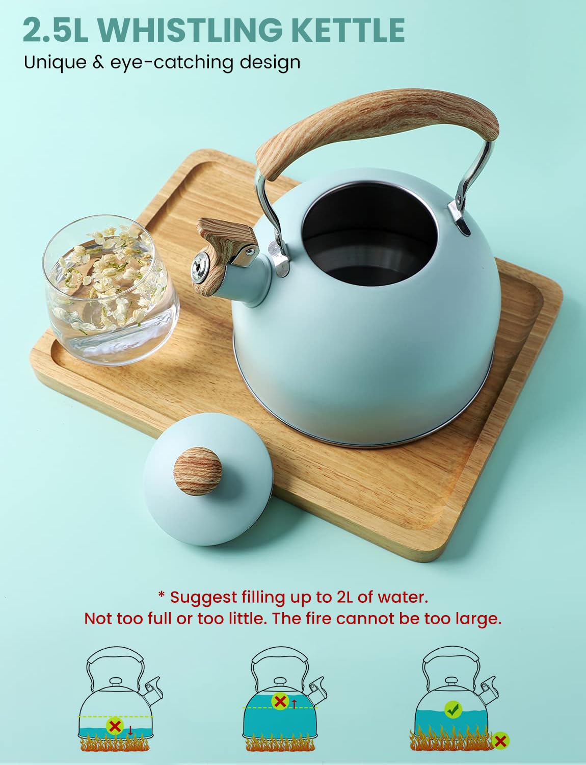 Supvox Tea Kettle for Gas Stove and Induction 2.5L with High Pitch Whistle and Anti Scald Handle | Stainless Steel Camping Tea Pot