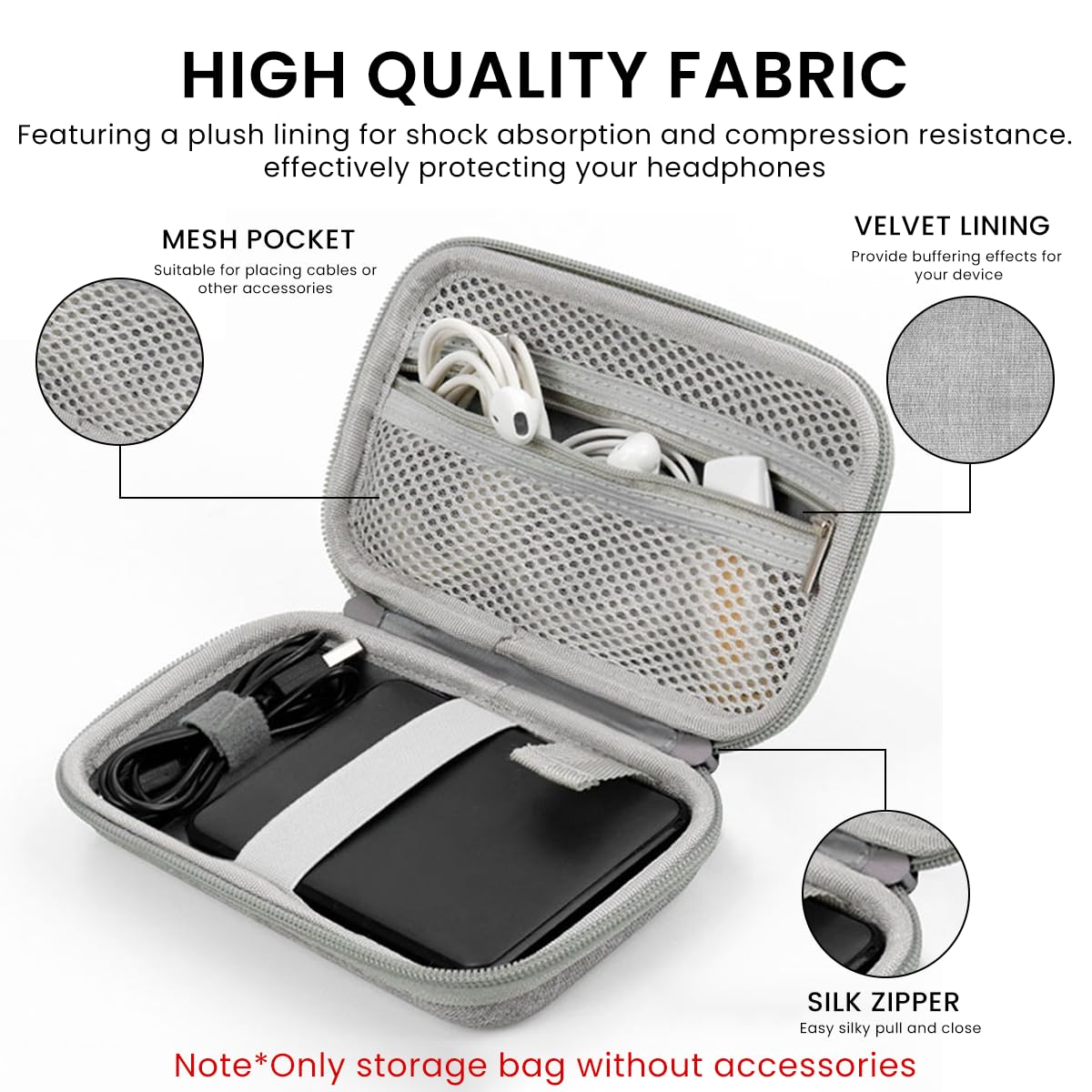 Zeitel Carrying Case for 2.5 Inch Hard Drives with Soft EVA Lining and Mesh Pocket | Grey Travel Organizer