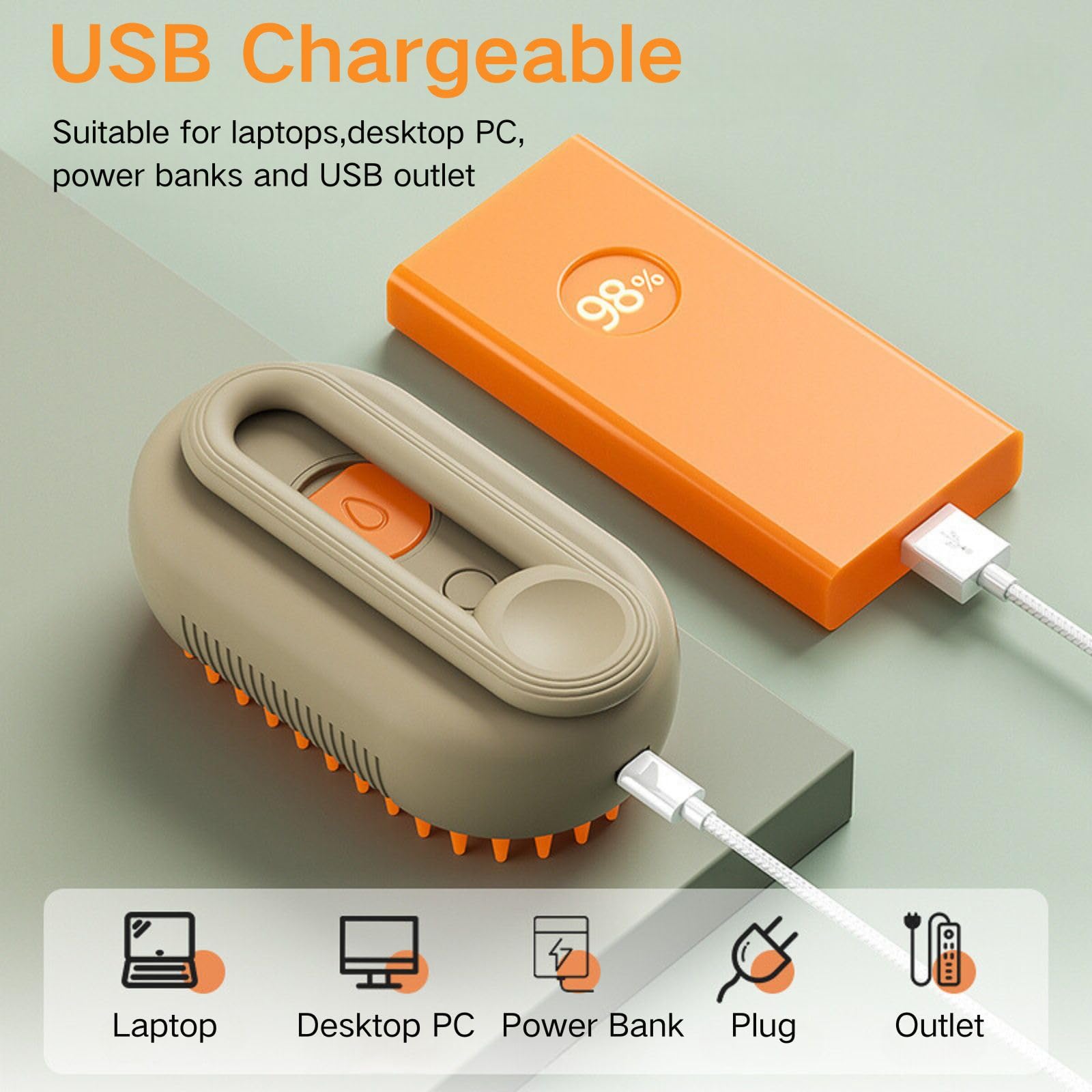 Qpets Electric Pet Steam Hair Brush for Bath‑Free Grooming with USB Recharge and Swivel Handle