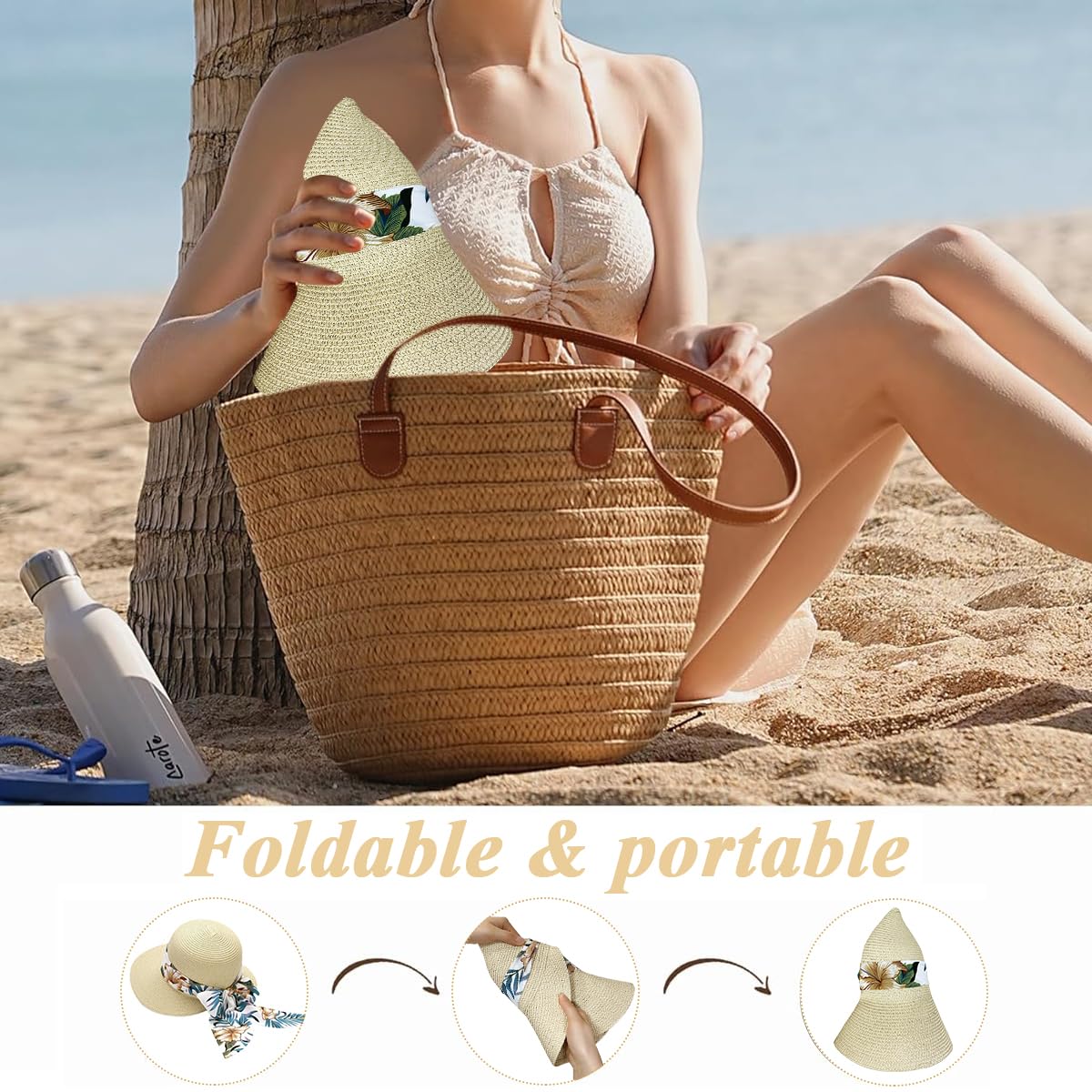 PALAY Straw Hat for Women featuring Wide Brim UV Protection and Floral Print Ribbon Beige