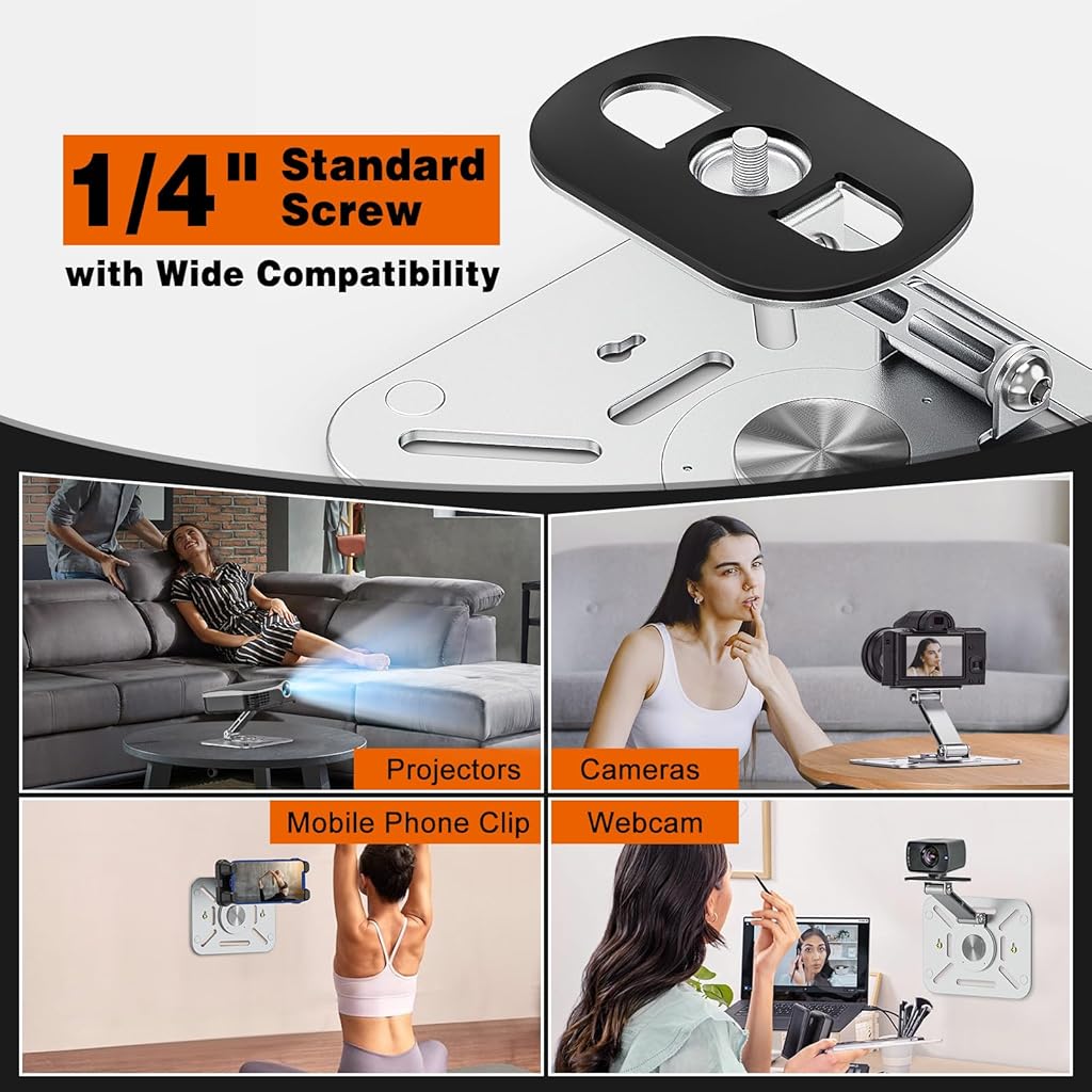 [Second-hand]ZORBES@ Projector Stand Aluminum Alloy Stand Base 360 Rotatable Desk Projector Holder with Folding Arm Universal 1/4 Screw Projector Holder Projector Desk Mount