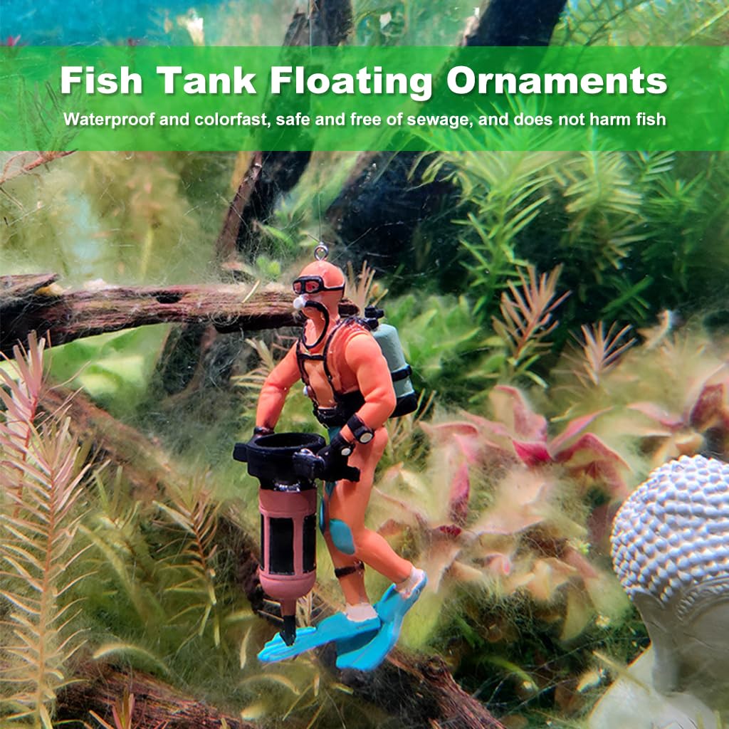 Qpets Fish Tank Floating Ornaments for Aquarium with 4.8 in Diver Figurines and Floating Ball | Blue and Orange Set