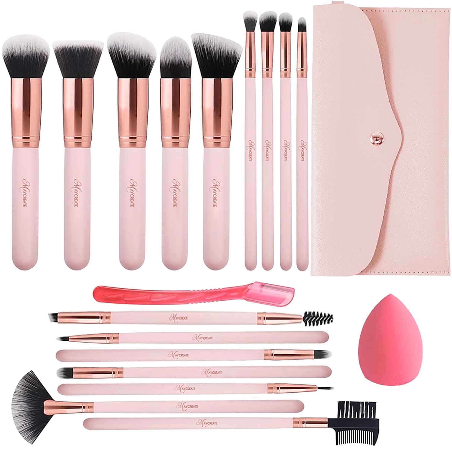 MAYCREATE® Makeup Brush Set 16pcs Premium Synthetic for Foundation Powder/Concealers/Eye shadows/Blusher/Highlighter/Contour/Nose Contour/Shading/Lipstick Makeup Brushes for Beginners (Pink)