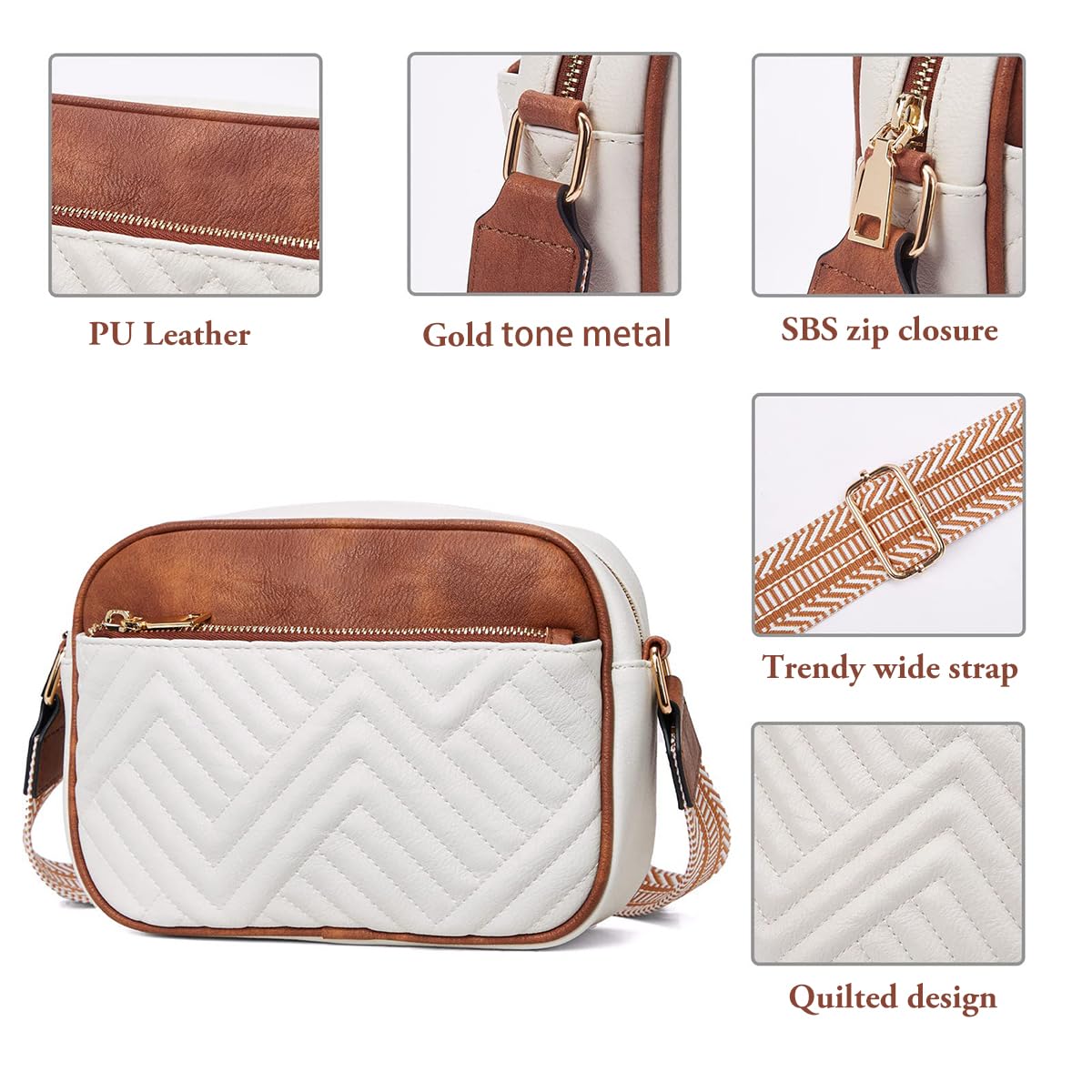 Zibuyu Crossbody Bag for Women with Double Layer Design and Print Strap 8.7x2.2x5.9in | PU Shoulder Sling Bag