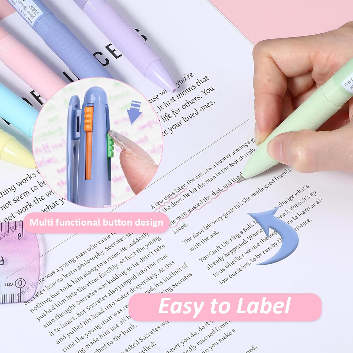 HASTHIP Ballpoint Pens 6 Pcs Set for Note Taking and School Use with 4 in 1 Ink Switch | 0.5mm Smooth Writing Multicolor Design