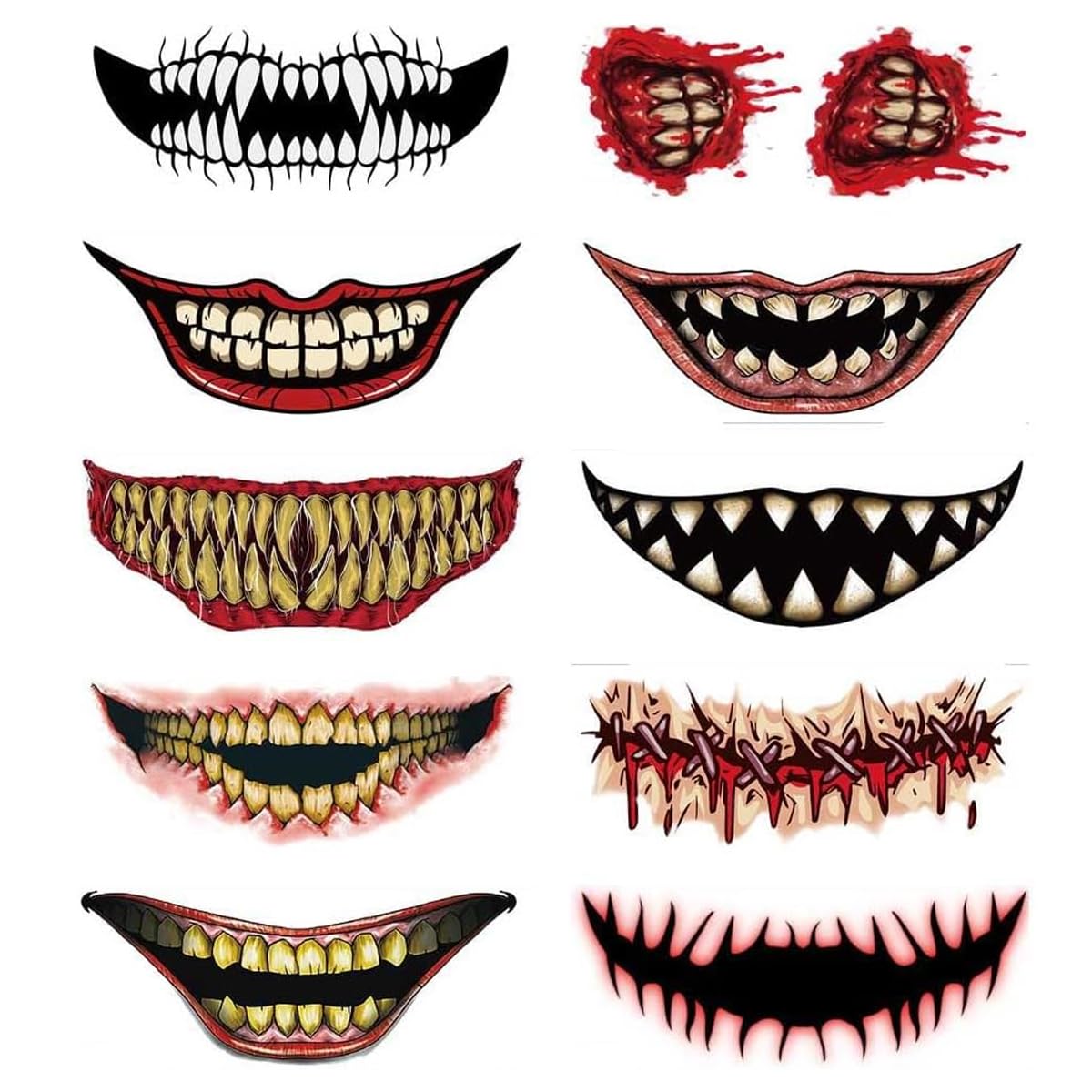 MAYCREATE® Halloween Horror Face Stickers Horror Smile Mouth Stickers Temporary Tattoo Stickers 3D Realistic Face Tattoo Stickers Halloween Scary Vampire Venom Cosplay Makeup Stickers, 10 Sheet