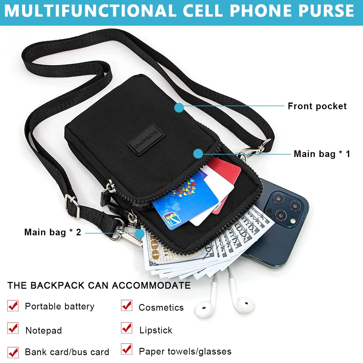 PALAY Small Crossbody Phone Bag for Women with 3 Zipper Layers 19×10×6 cm Oxford Cloth Black