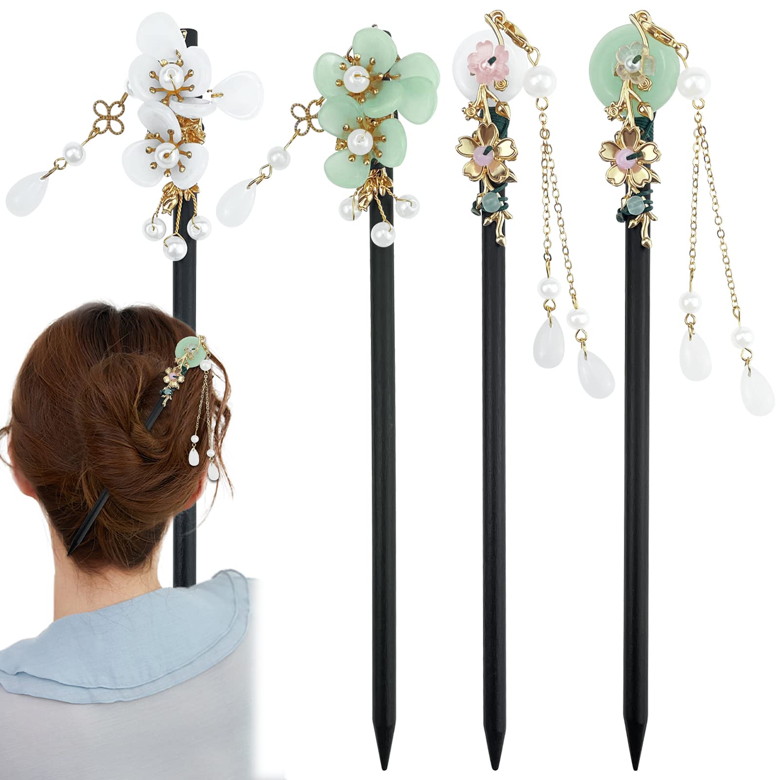 MAYCREATE® 4Pcs Hair Stick Retro Wooden Hairpin Chopsticks Flower Classic Vintage Hanfu Pins for Long Hair