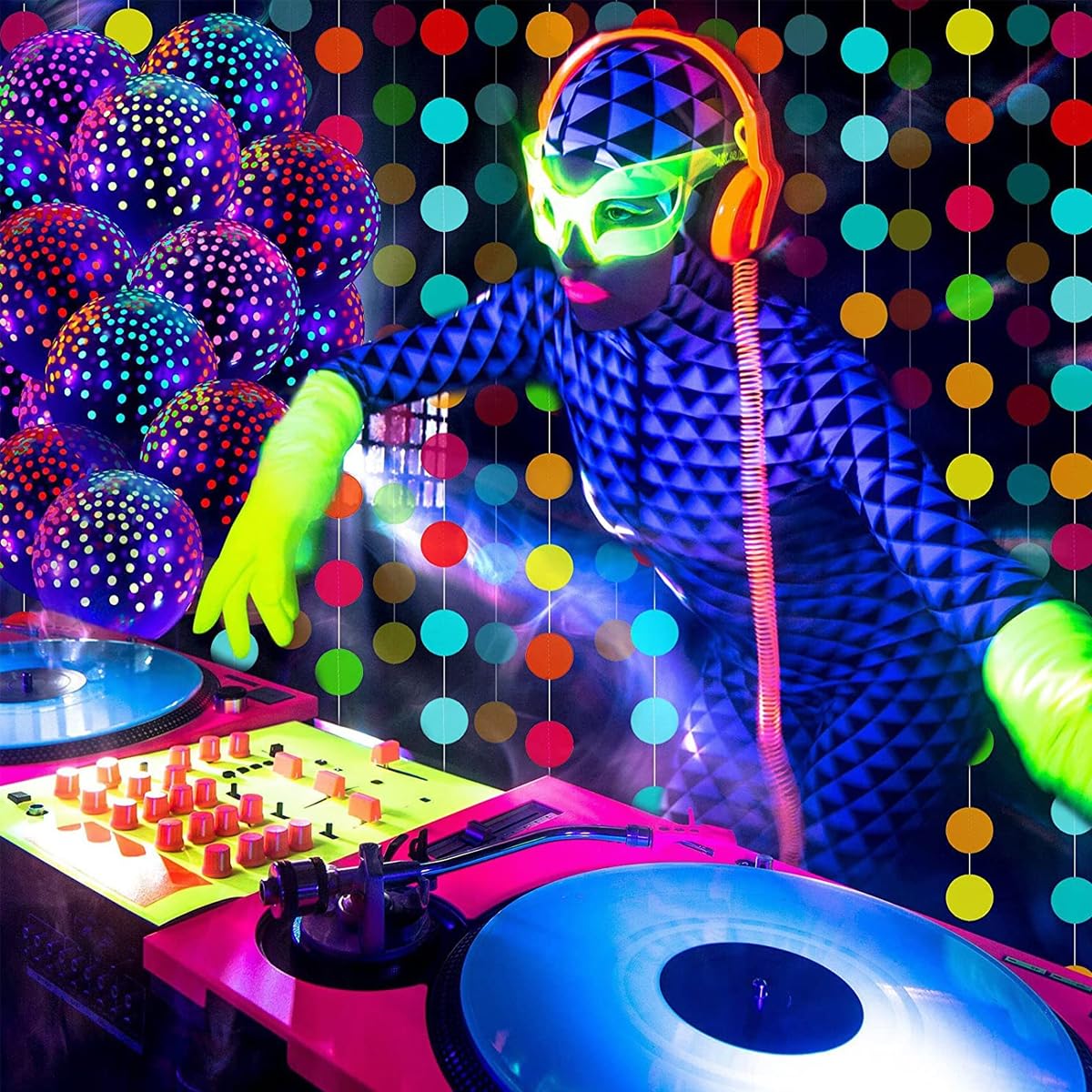 HASTHIP Neon Glow Party Supplies for Birthdays with 25 Balloons and 6 Rolls 98.4ft Tape | Blacklight Decorations