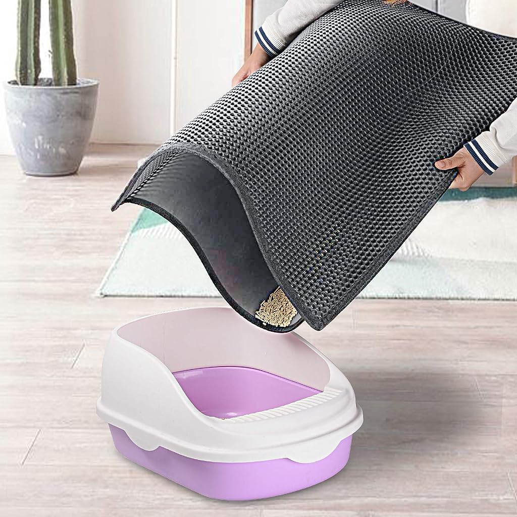 Qpets Cat Litter Mat 15.7 x 23.6 in for Litter Box with Double Layer Open Edge Design | Grey 3 pcs