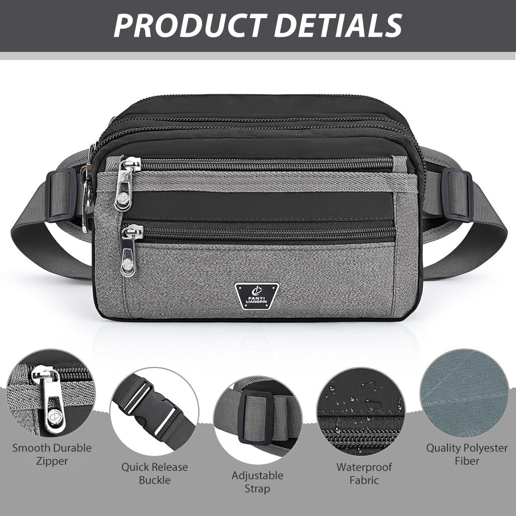 GUSTAVE® Men's Waist Bag Chest Bag Crossbody Chest Bag with 6 Zipper Pouches Large Men's Waist Bag Adjustable Waist Belt Waterproof Nylon Lightweight Phone Waist Bag, 24x3x15cm