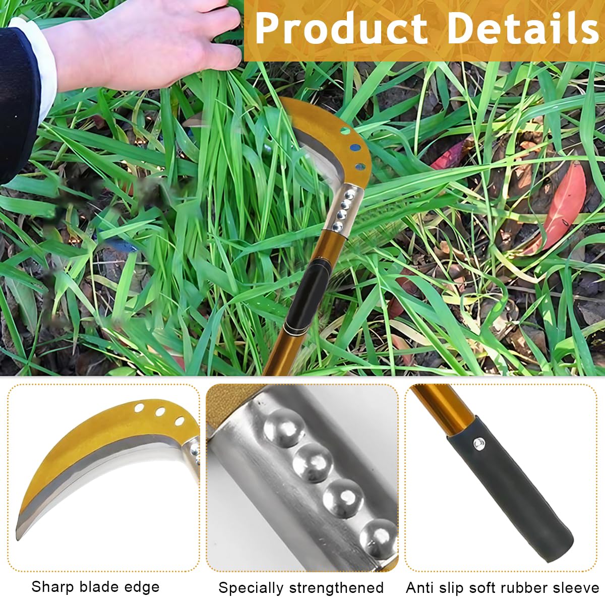 Sickle 18 Inch Heavy Duty Hand Weeder for Gardening with 7.48 in Carbon Steel Blade and Ergonomic Anti Slip Handle