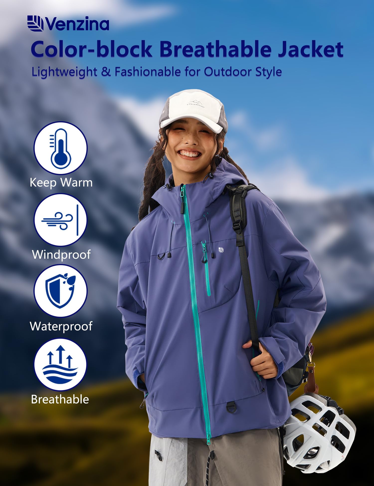 Venzina Women's Waterproof Jacket for Travel and Daily Commute featuring Color Block Design | Purple M