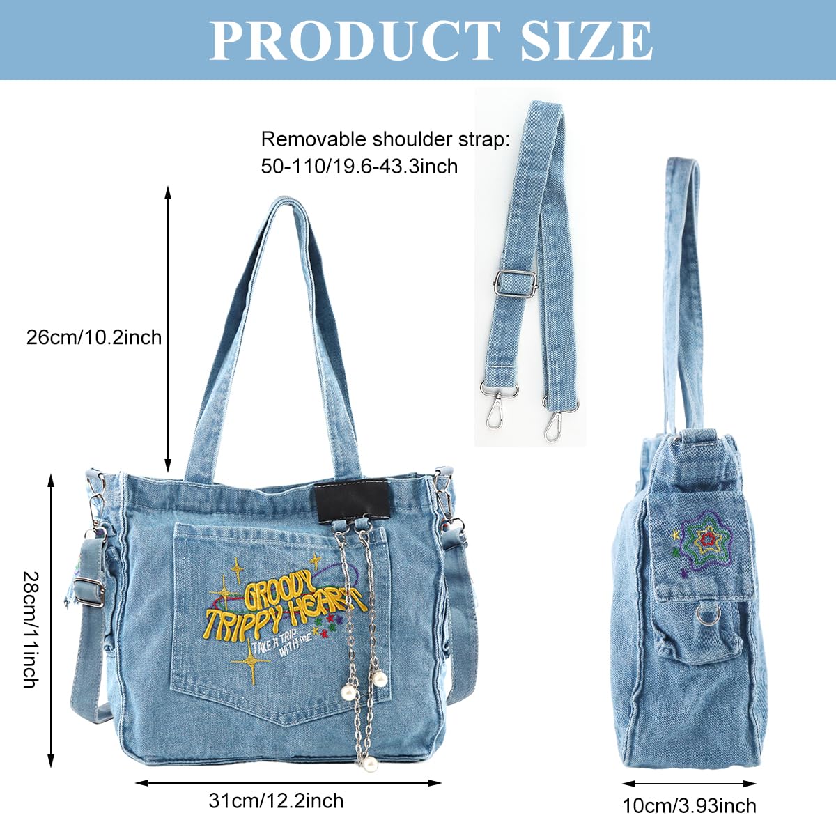 PALAY Cloth Bag for Daily Use with 37x27cm Capacity and Letter Embroidery Denim | Girls Women